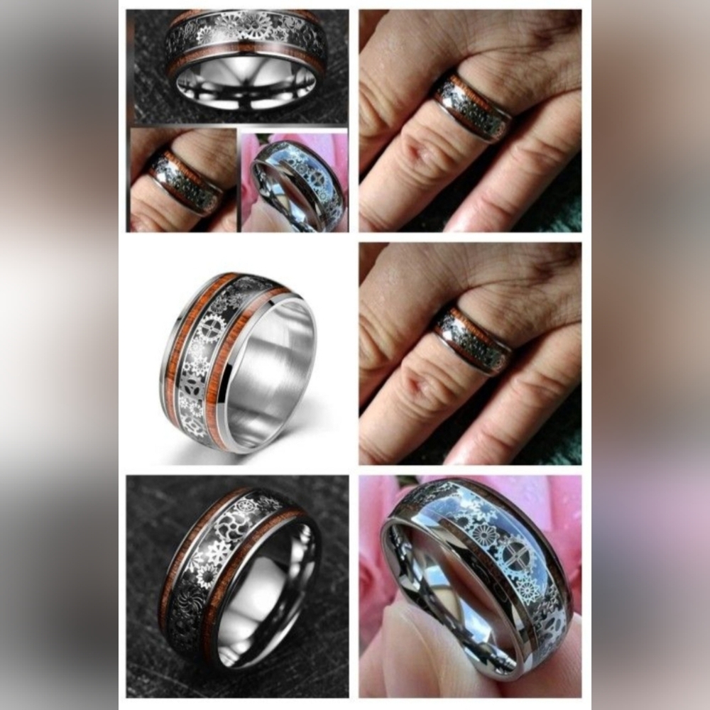 Unique Stainless steel woodgrain 8mm Steam punk gears ring
